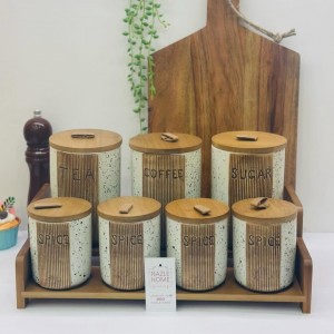 طقم/7 سكريات بهارات بورسلان ابيض محزز بني مع ستاند بامبو 276320